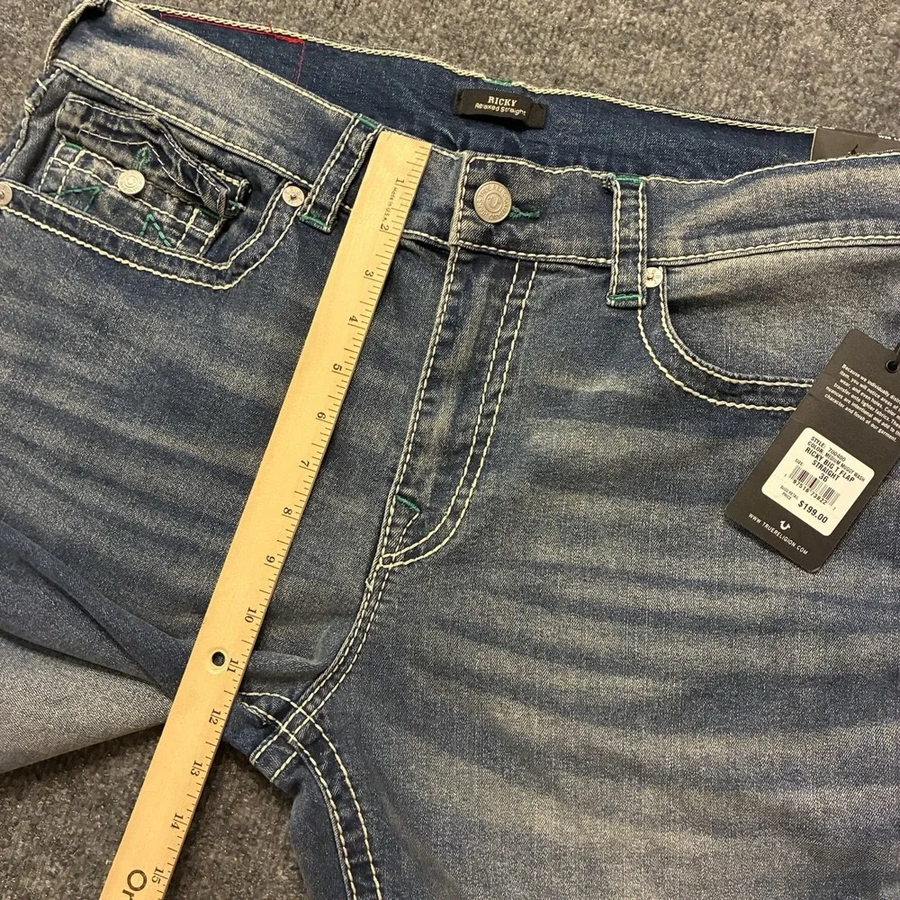 True Religion Big T Flap Faded Straight Leg Jeans Mens 36x32 Thick Stitch Denim